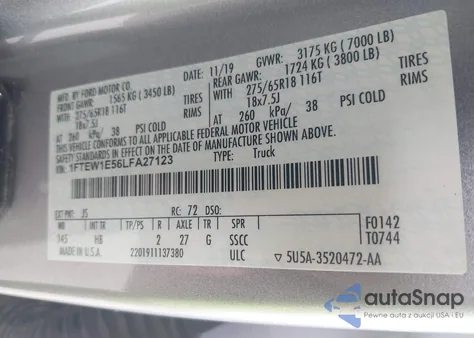 2020 Ford F-150 Lariat z USA, uszkodzony, nr VIN 1FTEW1E56LFA27123